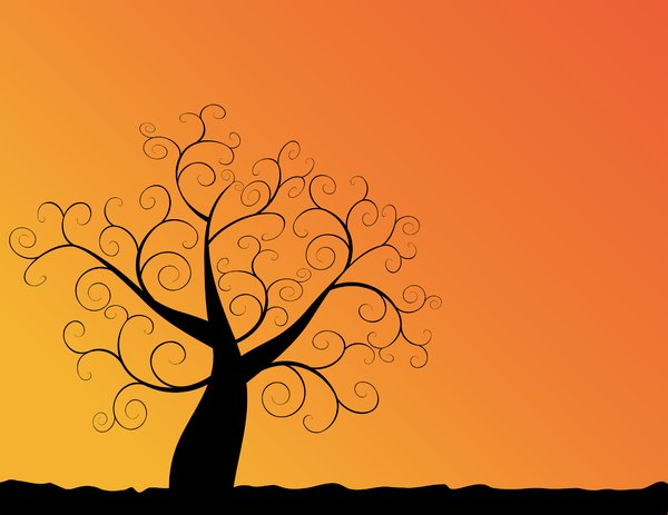 Abstract Swirly Tree With Autumn Leaves And Sunset Orange Background
