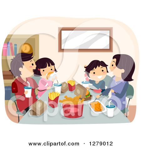 Clipart Of A Happy Asian Family Eating A Fast Food Dinner   Royalty