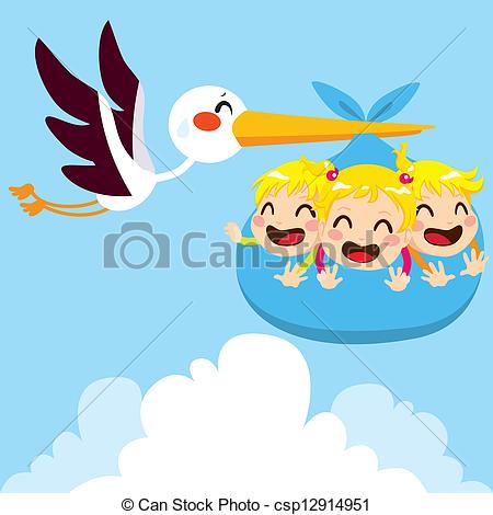Clipart Vector Of Heavy Baby Triplets   Stork Flying Carrying Heavy    