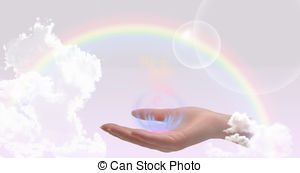 Healing Hand On A Pastel Background With Rainbow And Clouds