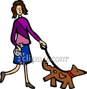 Lady Walking A Dog Holding A Poopie Bag Royalty Free Clipart Picture