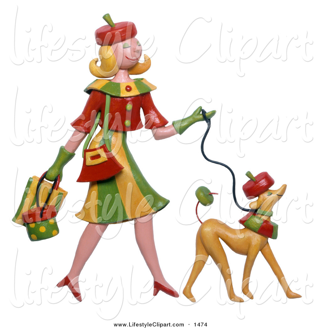 Lifestyle Clipart Of A Smiling Woman And Her Lookalike Dog Walking By