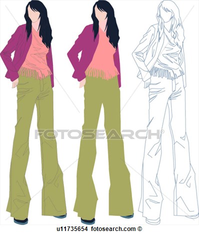 Drawing Of Casual Dress Woman Jean Standing Fashion Long Hair