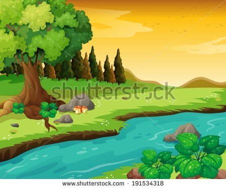 Illustration Of The Flowing River At The Forest   Stock Vector