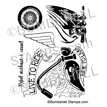Live To Ride Motorcycle Rubber Stamps With Stylized Biker Stamp Bike