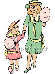 Mother And Daughter Eating Cotton Candy   Royalty Free Clipart