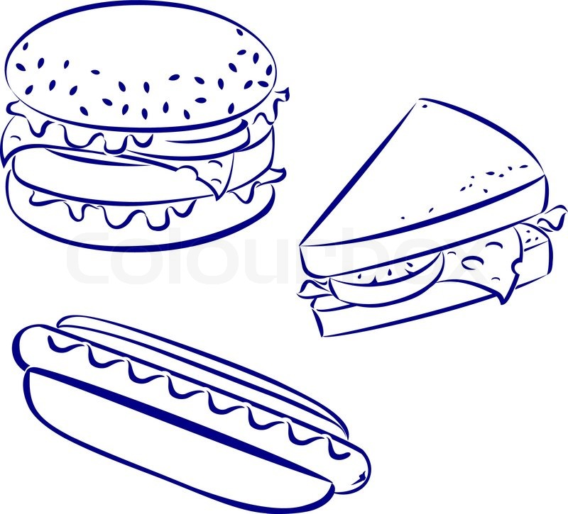     Black And White Hand Drawn Look Hamburger Hot Dog Cheese Sandwich Jpg