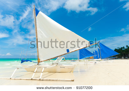 Boats On White Beach On Boracay Island Philippines   Stock Photo