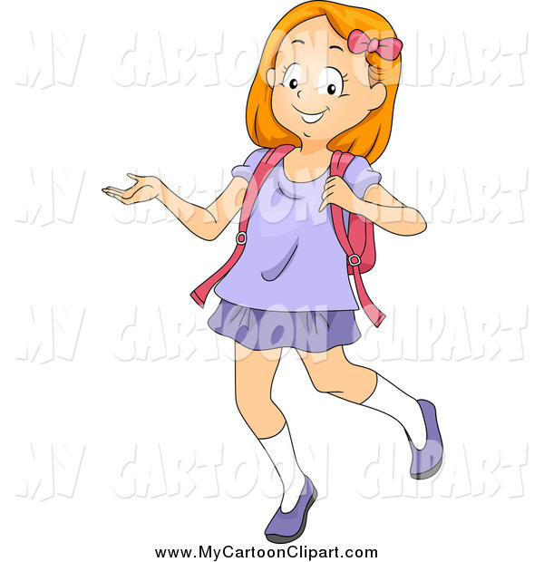 Clip Art Of A Happy Red Haired School Girl Walking And Presenting By