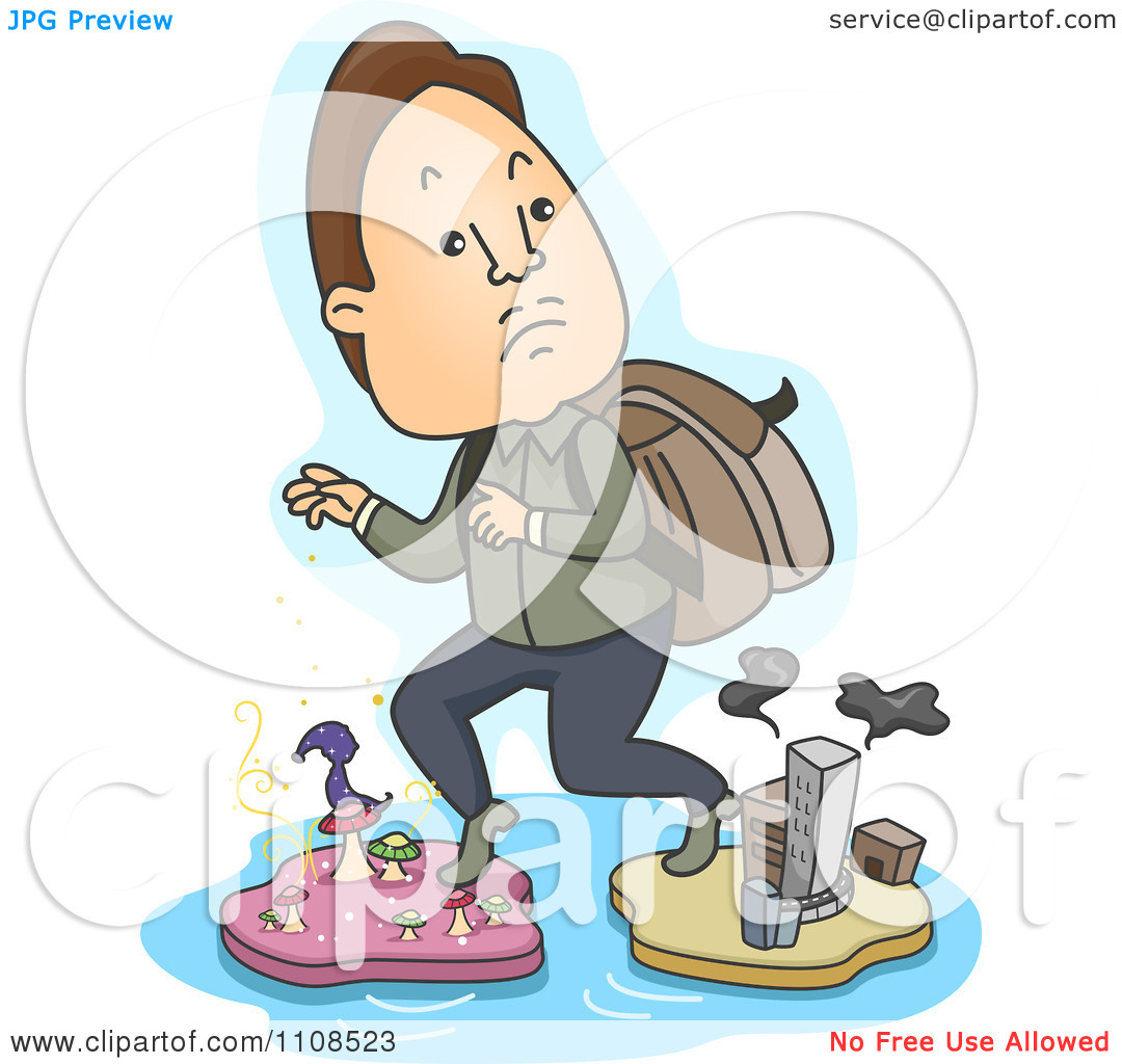 Clipart Man Escaping Reality And Stepping On Mushroom And City Islands
