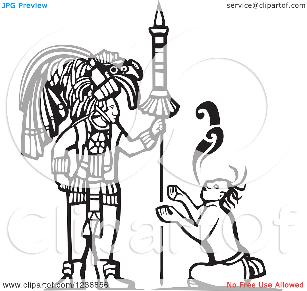 Clipart Of A Black And White Woodcut Servant Begging A Mayan King    