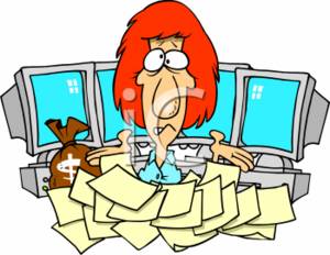 Clipart Of A Businesswoman With Lots Of Paperwork And Computers