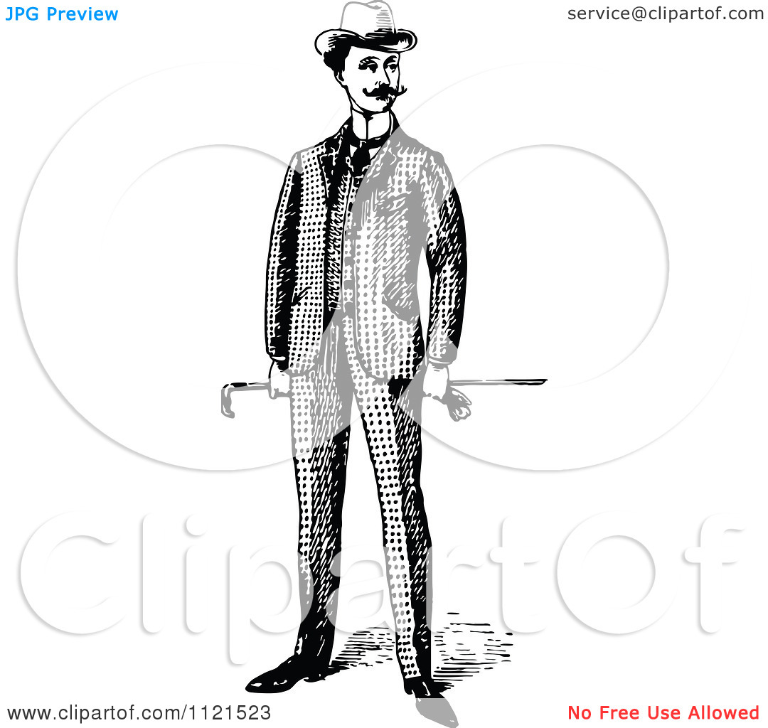 Clipart Of A Retro Vintage Black And White Gentleman Holding A Cane    