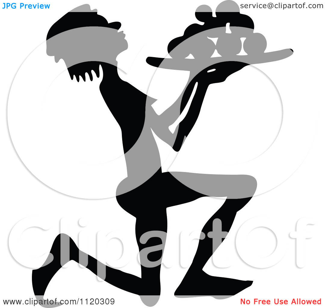 Clipart Of A Silhouetted Servant Kneeling With A Tray Of Food