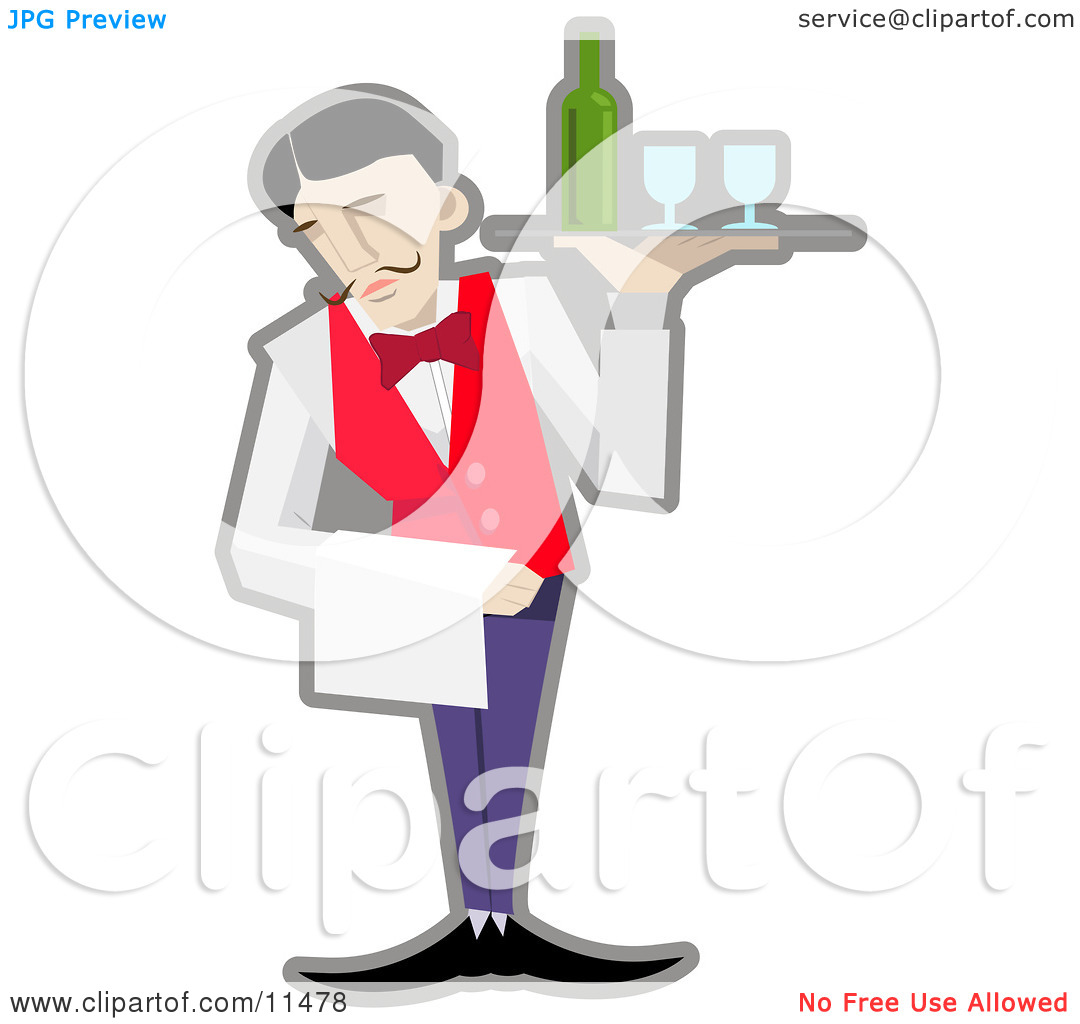 Servant Holding A Tray With Wineglasses And A Bottle Of Wine Clipart