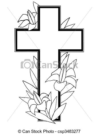 Black And White Design Element With Easter Lilies And Cross Over White