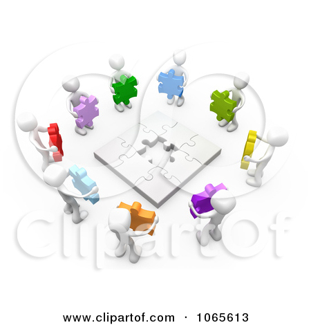 Clipart 3d White People Holding Colorful Puzzle Pieces   Royalty Free