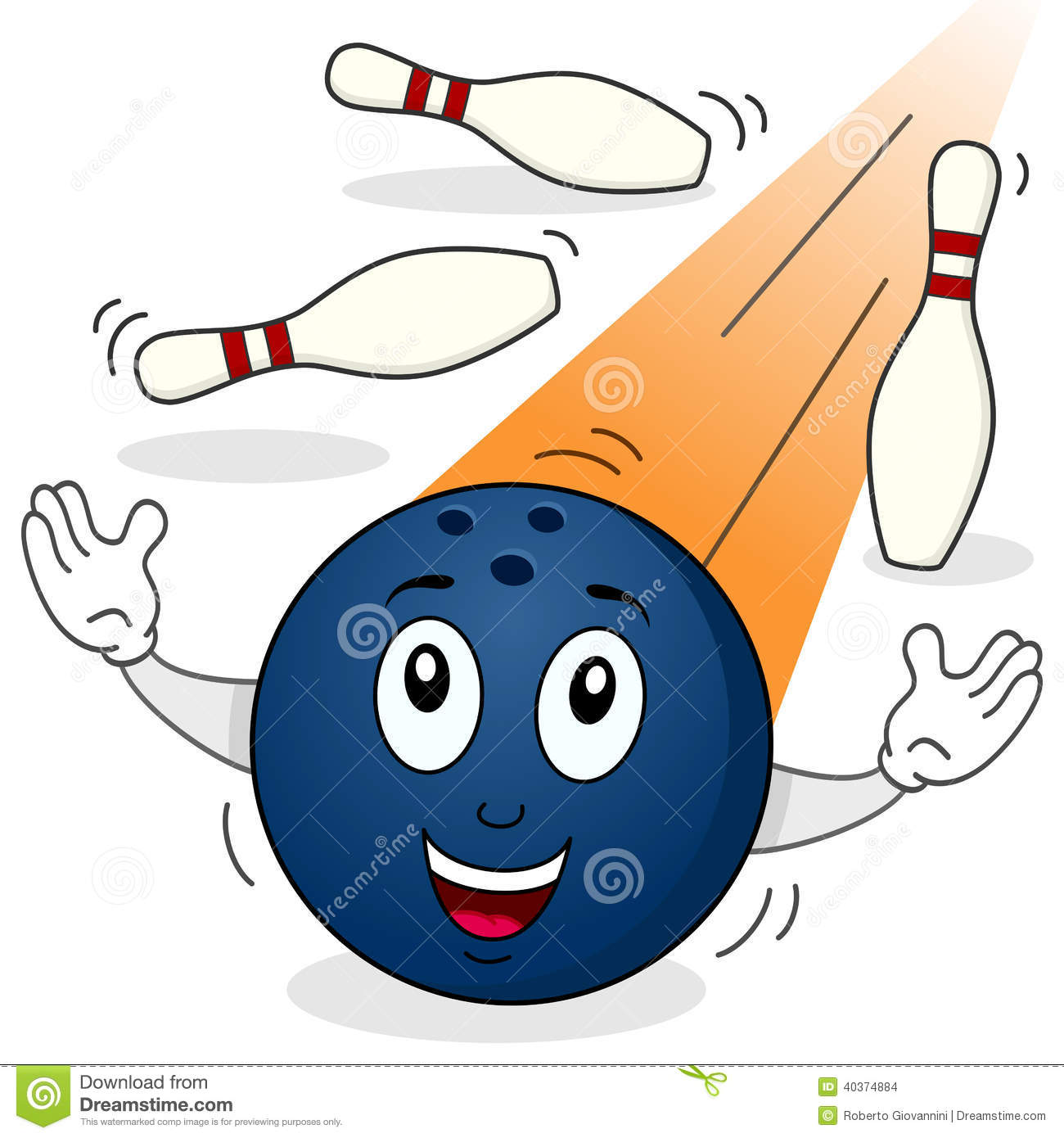 Funny Cartoon Bowling Ball Rolling Against The Pins Isolated On