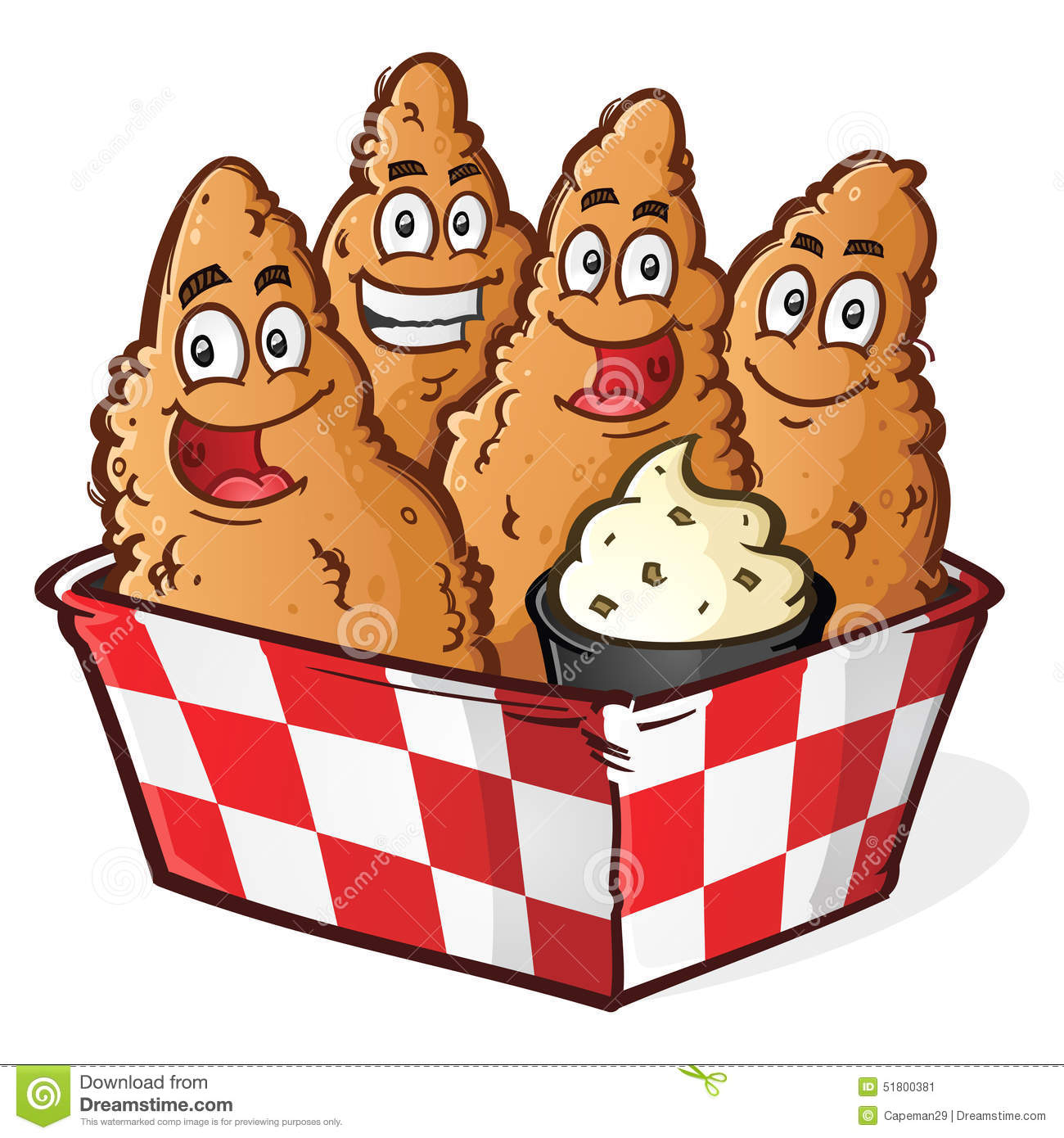 Crispy Golden Chicken Tenders Cartoon Characters In A Checkered Basket    