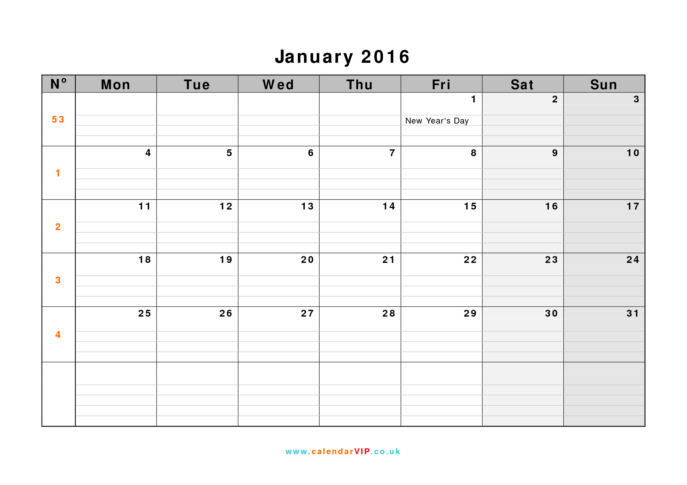 January 2016 Calendar Cute