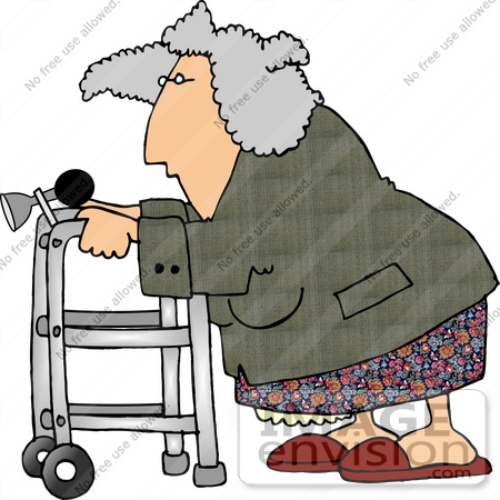 Old Woman Using A Walker Equipped With A Horn Clipart    18932 By