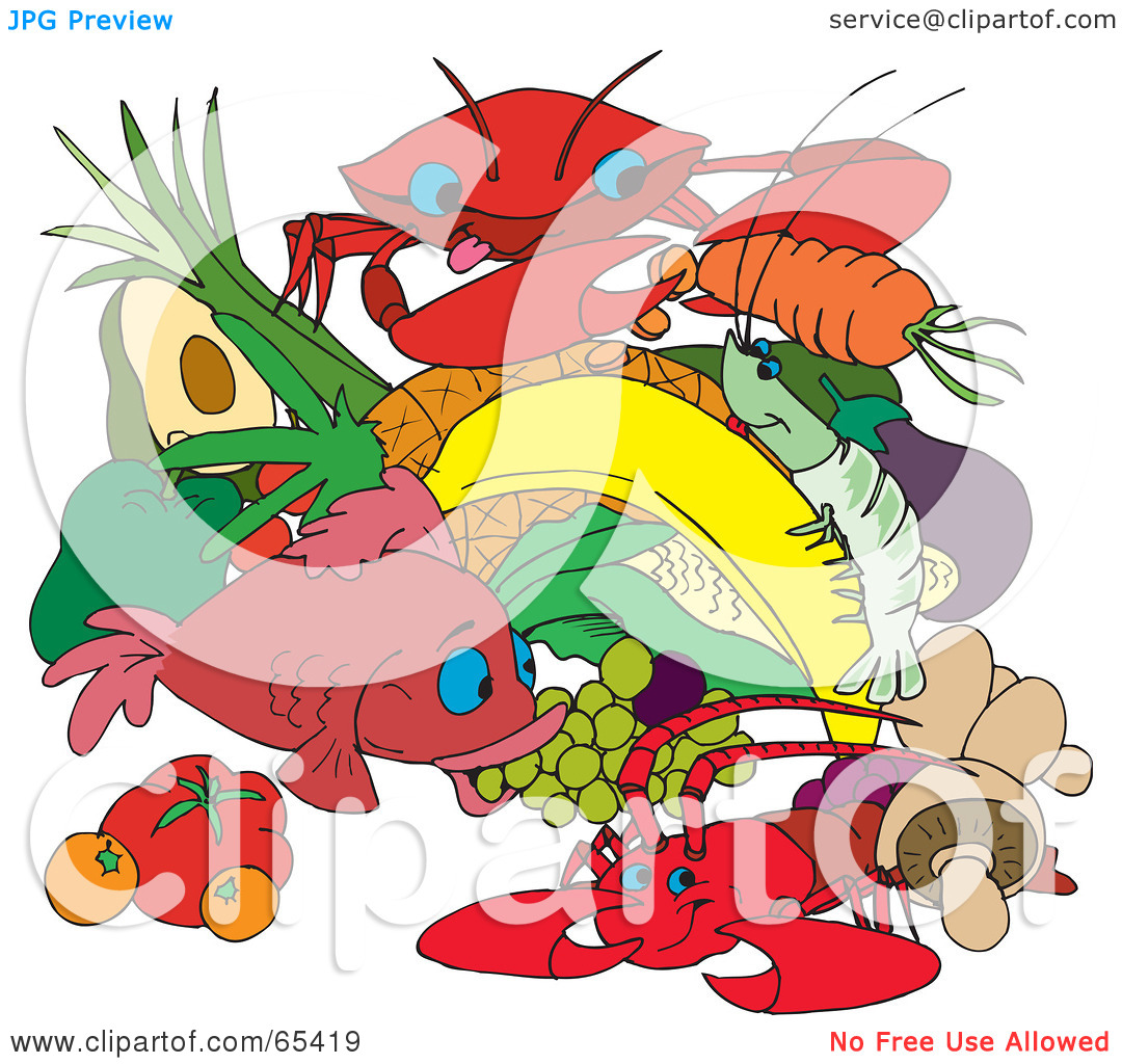 Rf  Clipart Illustration Of A Group Of Seafood Fruits And Veggies