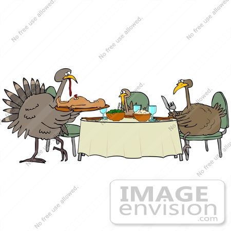 35701 Clip Art Graphic Of A Family Of Turkey Birds Eating Thanksgiving