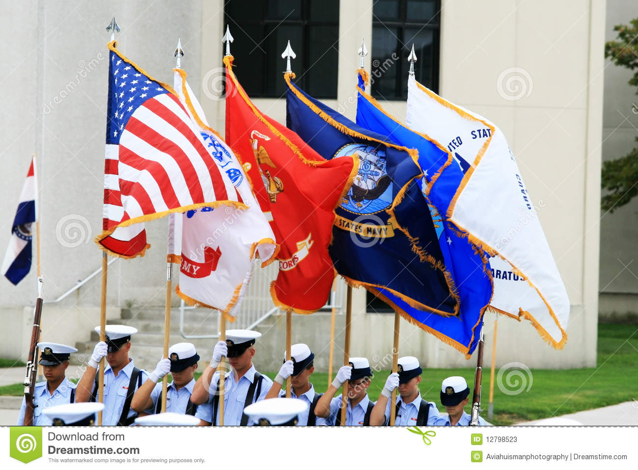 American Flag And The Flags Representing The Branches Of The Military