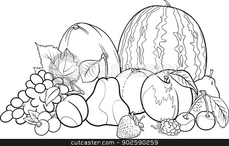 Clipart Black And White Cartoon Illustration Of Fruits Group Food
