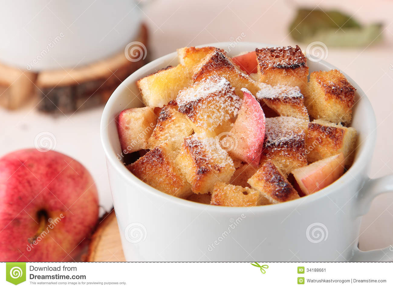 Cup Of White Bread Pudding With Apples Stock Image   Image  34188661