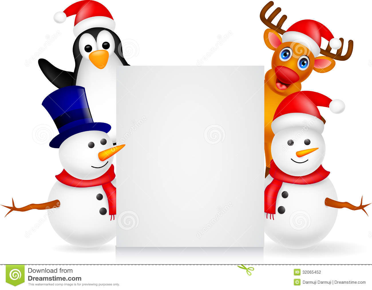 Deerpenguin And Snowman With Blank Sign