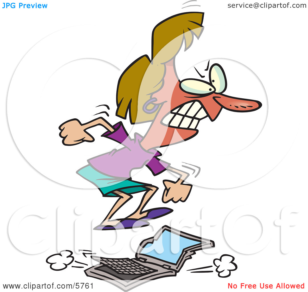 Flustered Woman Jumping On A Laptop Computer Clipart Illustration By