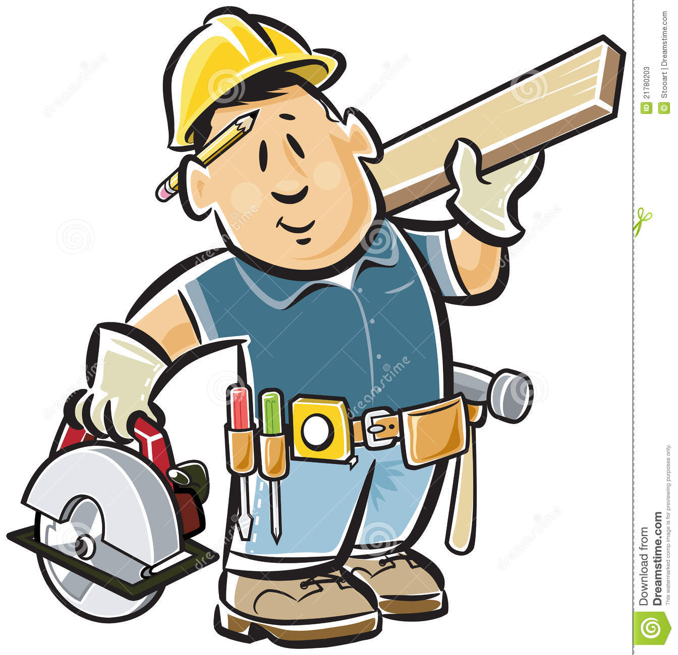 Handyman Carpenter Wearing A Tool Belt Carrying An Electric Saw And
