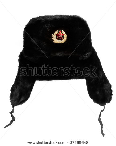 Black Russian Fur Hat With Hammer And Sickle Medallion  Isolated On