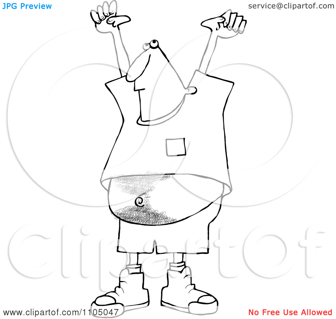 Clipart Outlined Man Holding His Arms Up And Showing His Hairy Belly
