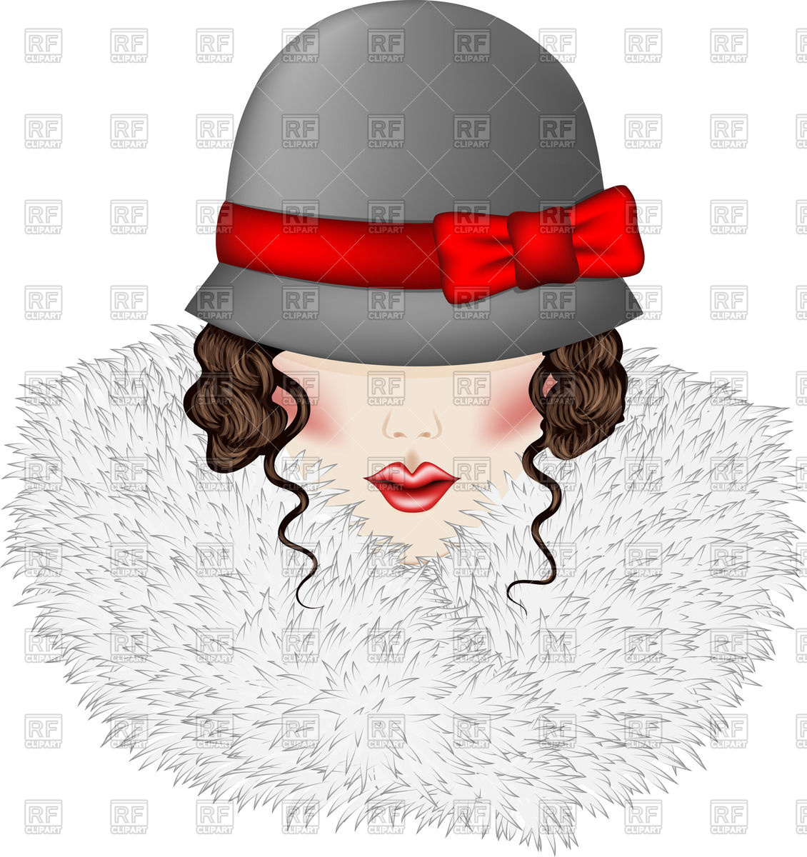    Of Woman With Curly Hair Dressed In Vintage Hat And Fur Collar Vector