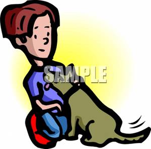 Cartoon Of A Boy Petting His Dog   Royalty Free Clipart Picture