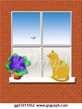 Cat Sitting On A Window Sill Illustration  Clipart Gg57611052