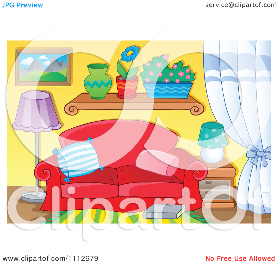 Clipart Red Couch In A Living Room With Plants On A Shelf   Royalty
