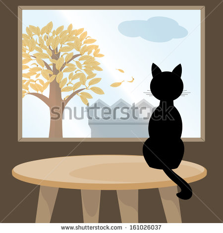 Illustration Of A Black Cat That Sits On Table And Looks Out Window