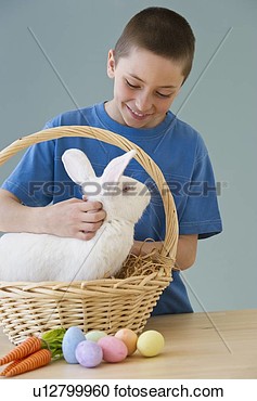 Stock Photography Of Young Boy Petting A Rabbit In Easter Basket