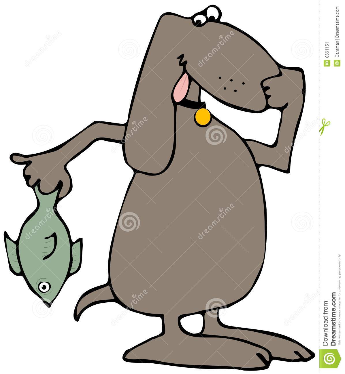 This Illustration Depicts A Dog Holding A Dead Fish And His Nose