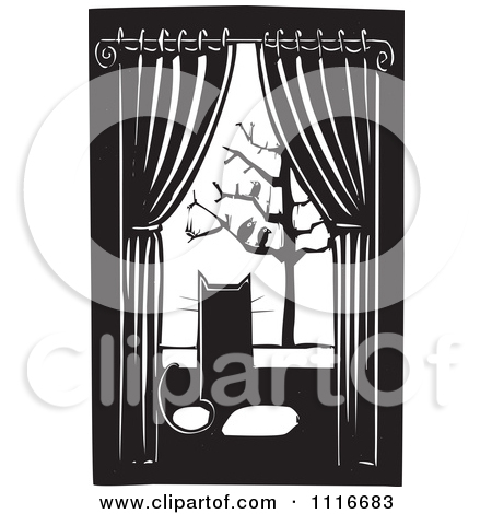 Vector Clipart   House Cat Watching Birds Through A Window Black And