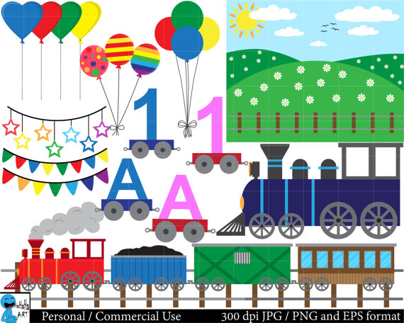 Birthday Train Set Clipart   Digital Clip Art Graphics Personal