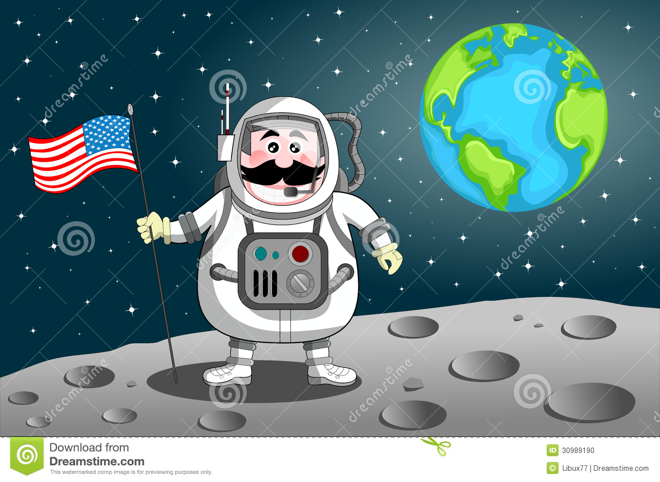 Cartoon Astronaut Planting United States Flag On The Moon  Eps File Is