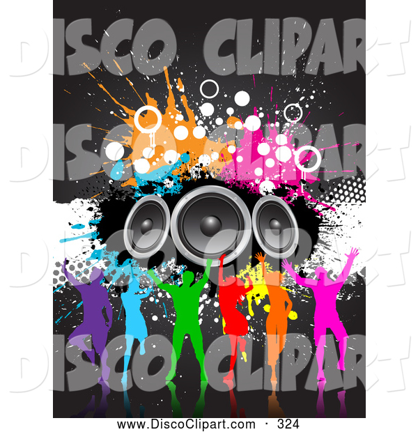     Clip Art Of Silhouetted Colorful Club Dancers With Grunge And Speakers