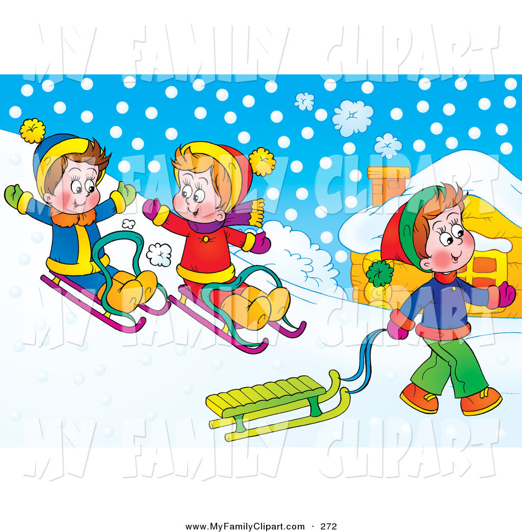 Trio Of Children Having Fun Sledding On A Snowy Hill By Alex Bannykh