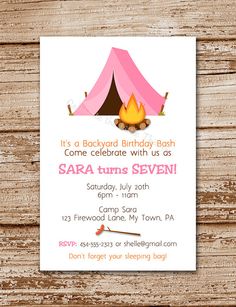Camping Invitation For Girls   Personalized   Camp Out Tent Slumber