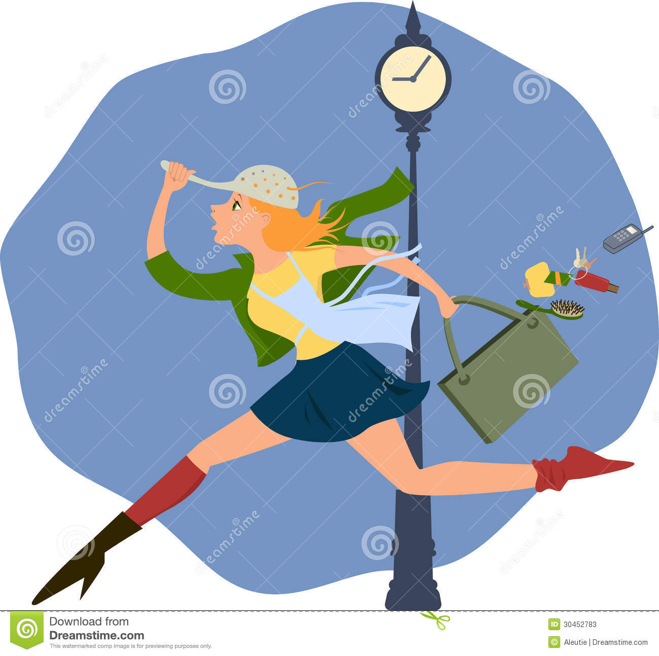 Cartoon Of A Young Woman In A Hurry Running Half Dressed And Loosing