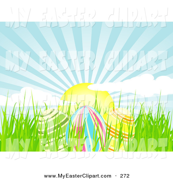 Clip Art Of A Trio Of Pretty And Colorful Easter Eggs In Spring Grass